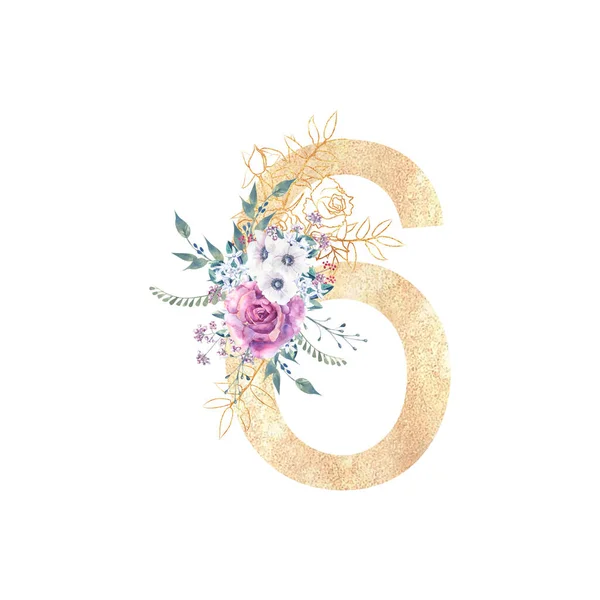 Entwurf einer goldenen Zahl 6 mit Blumensträußen aus lila Rosen, Anemonen usw. Dekor. Aquarell-Illustration auf weißem Hintergrund. Hochzeits- und Geburtstagseinladungen — Stockfoto