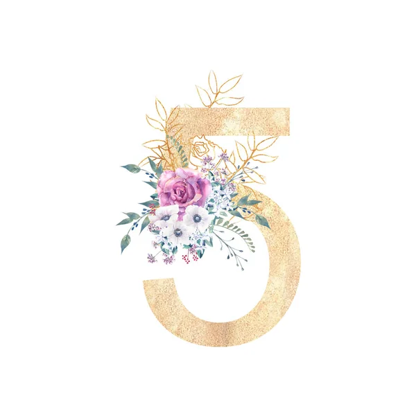 Projeto de um número dourado 5 com buquês de flores de rosas roxas, anêmonas, etc. decoração. Ilustração aquarela sobre um fundo branco. Convites de casamento e aniversário — Fotografia de Stock