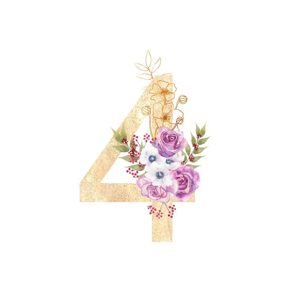 Diseño de un número dorado 4 con ramos de flores de rosas púrpuras, anémonas, etc. Decoración. Ilustración en acuarela sobre fondo blanco. Invitaciones de boda y cumpleaños — Foto de Stock