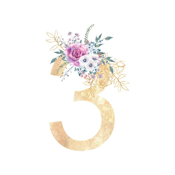 Ontwerp van een gouden nummer 3 met bloemen boeketten van paarse rozen, anemonen, enz. decor . Aquarelillustratie op een witte achtergrond. Huwelijks- en verjaardagsuitnodigingen — Stockfoto