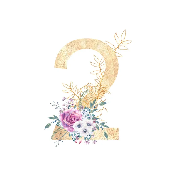 Projeto de um goldennumber 2 com buquês de flores de rosas roxas, anêmonas, etc. decoração. Ilustração aquarela sobre um fundo branco. Convites de casamento e aniversário — Fotografia de Stock