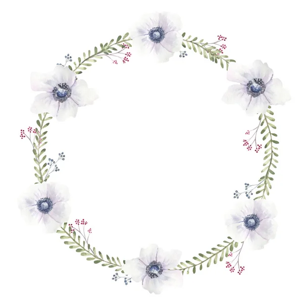 꽃은 자주색 장미와 아네모네와 함께 하얀 배경을 가진 화환을 춘다. 손으로 그린 수채화 삽화 — 스톡 사진