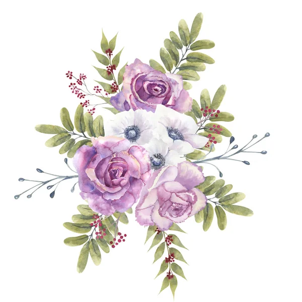 Λουλούδι ανθοδέσμες με μοβ τριαντάφυλλα και ανεμώνες σε ένα λευκό απομονωμένο φόντο. Χειροποίητη απεικόνιση ακουαρέλας — Φωτογραφία Αρχείου
