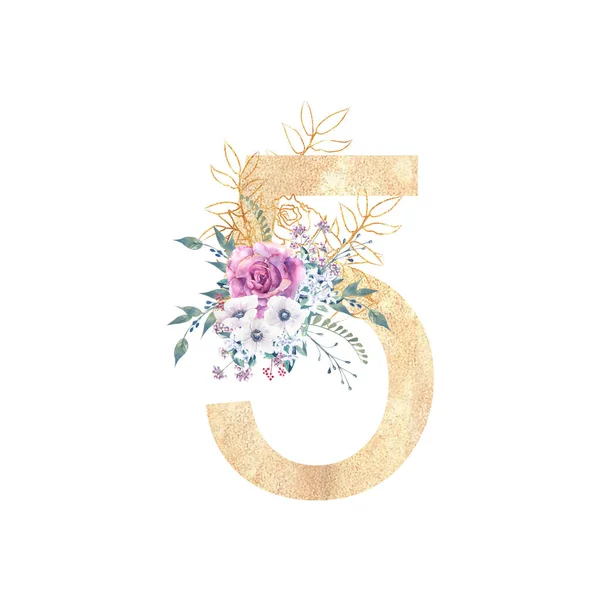 황금색 숫자 5 의 디자인 자주색 장미 꽃다발, 말미잘등 이 있습니다. 디오르. 흰색 배경에 워터 컬러 삽화가 있습니다. 결혼식 과 생일 초대장 — 스톡 사진
