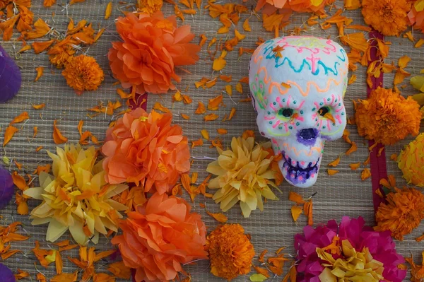 Día del cráneo muerto y flores — Foto de Stock