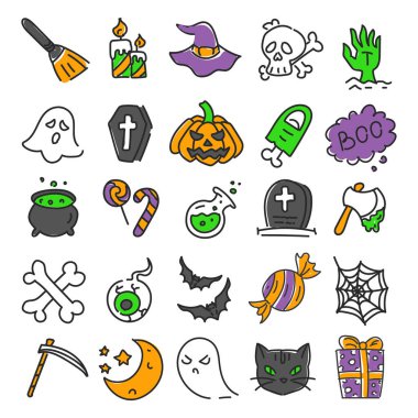 Cadılar Bayramı karalama simgeleri vektörü izole edildi. Ekim tatili için sevimli ve komik dekorasyon koleksiyonu. Ürkütücü kafatası, hayalet, yarasa ve kazan.
