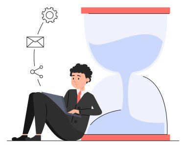 Kum saati vektöründe oturan iş adamı dizüstü bilgisayarda çalışıyor. Zaman yönetimi ve iş günü planlama fikri. Son teslim tarihi kavramı.