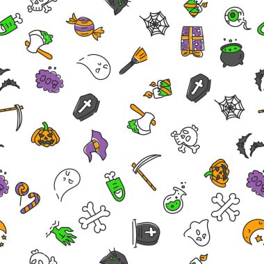 Cadılar bayramı karalama simgelerinden yapılmış kusursuz desen izole edildi. Ekim tatili için sevimli ve komik dekorasyon koleksiyonu. Ürkütücü kafatası, hayalet, yarasa ve kazan.