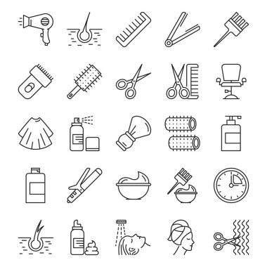 Kuaför simgesi vektörü izole edildi. Çizgi simgeleri koleksiyonu. Makas, saç tarağı ve diğer saç şekillendirme aksesuarları. Kuaför salonu.