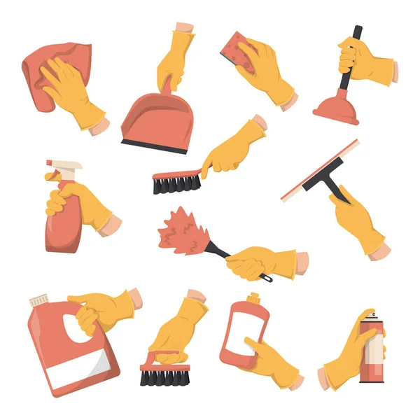 Collection Mains Dans Des Gants Tenant Différents Vecteurs Outils Domestiques — Image vectorielle