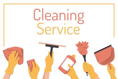 Temizlik servisi taşıyıcı pankartı izole edildi. Ev işleri için farklı aletleri olan eldivenli bir sürü el. Sünger, deterjan, toz bezi..