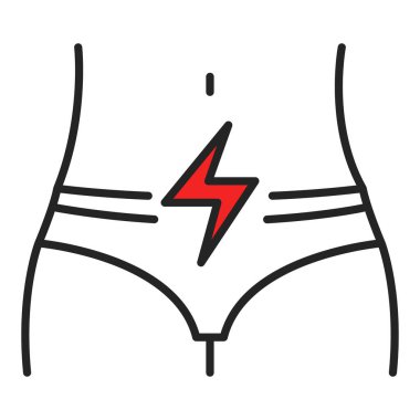 Adet sancısı vektörü ikonu izole etti. Adet sırasında karın ve ağrının sembolü. Acı dolu bir dönem. Karın ağrısının piktogramı.