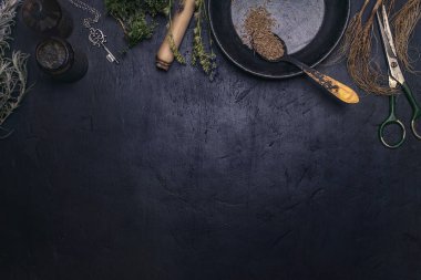 Siyah, eski bir beton arka planda büyü yapmak için gerekli malzemeler ve araçlar. Kuru otlar, yosunlar, kökler, çiçekler, tohumlar, parşömen, makas ve masada bir tabak. Üst görünüm, kopyalama alanı olan düz uzanma.