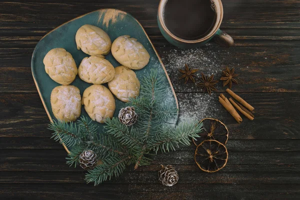 Cookies Cones Birch Tree Plate Spruce Sprig Cones Cup Coffee — Stock Photo, Image