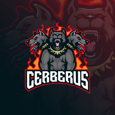 Rozet, amblem ve t-shirt baskısı için modern illüstrasyon konsepti olan Cerberus maskot logosu tasarımı. Spor ve esport takımı için kızgın cerberus illüstrasyonu.