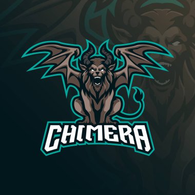 Rozet, amblem ve tişört baskısı için modern illüstrasyon konsepti olan Chimera maskot logosu tasarımı. Spor ve esport takımı için kızgın kimera illüstrasyonu.