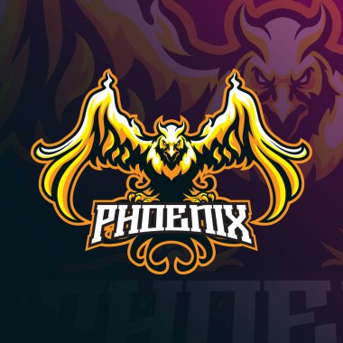 Rozet, amblem ve t-shirt baskısı için modern illüstrasyon konsepti olan Phoenix maskot logosu tasarım vektörü. Anka kuşu spor ve esport takımı için kızgın illüstrasyon.
