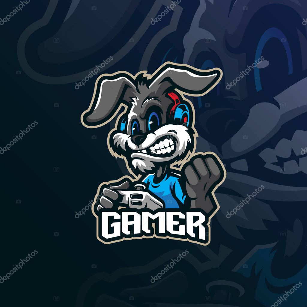 Rabbit gamer mascot logo design vector with modern illustration concept style for badge, emblem and t shirt printing.Rabbit illustration with joystick in hand.