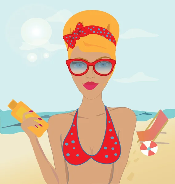 Girl in a Swimsuit on the Beach — Stock Vector