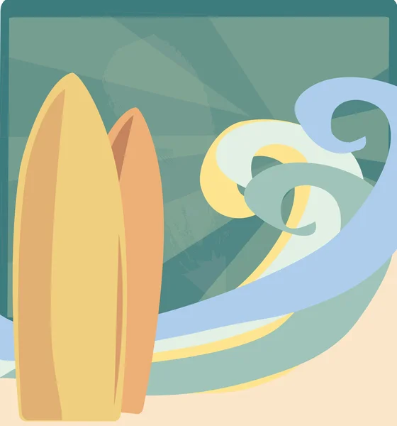 Surfovací prkna s vlnami a paprsky slunce na pláži. — Stockový vektor
