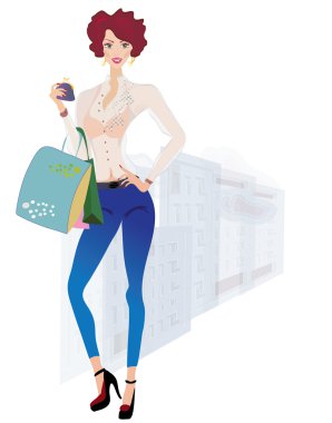Kız alışveriş üzerinde. çanta ve çantalar kentsel arka planda tutan kız moda