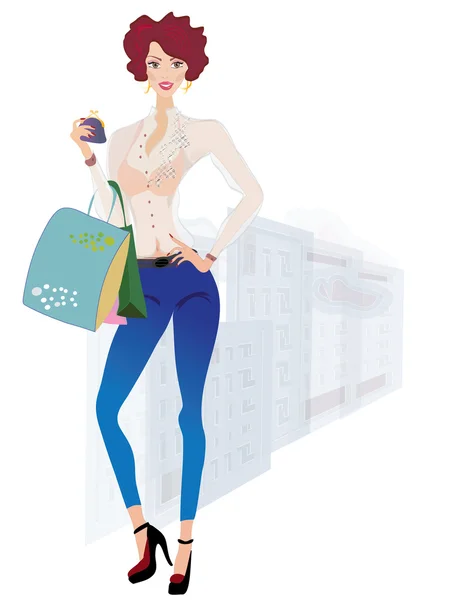 Girl on Shopping. Fashion Girl holding Purse and Bags on Urban Background — Stock Vector