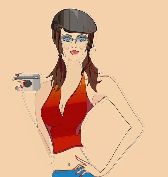 Retro Sketch of a Beautiful Girl with Photo Camera. Portrait of a Woman with Fashion Hat and Glasses — Stock Photo, Image