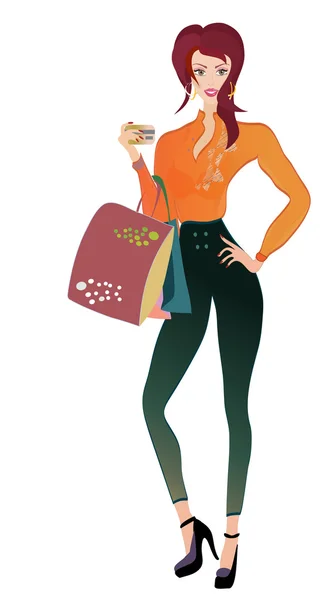 Mujer de moda con tarjeta de crédito de oro y bolsas — Vector de stock