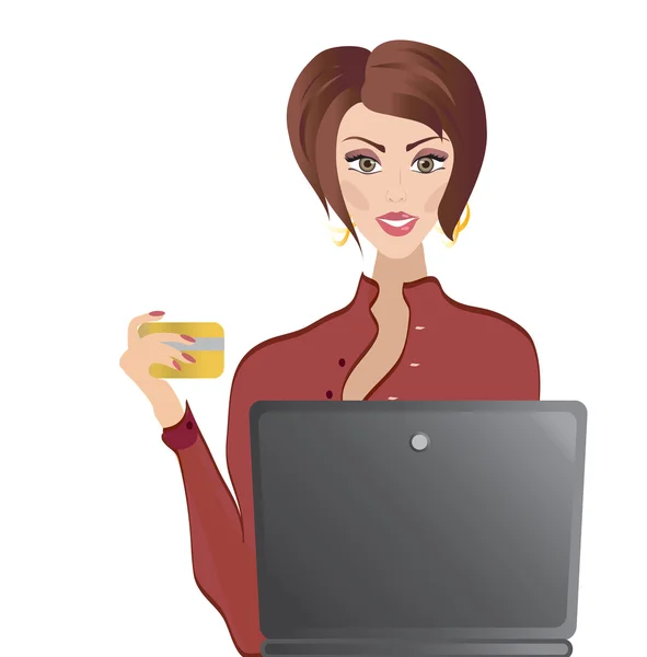 Woman with Credit Card and Laptop. Online shopping and Internet Banking Concepts — Stock Vector