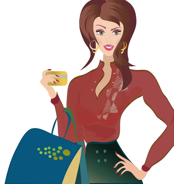 Vector of a Woman with Credit Card. Fashion Girl on Shopping — Stock Vector