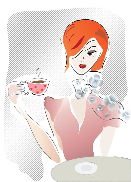 Menina com xícara de café ou chá —  Vetores de Stock