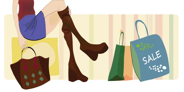 Vector de una mujer en compras con bolsos y botas — Vector de stock