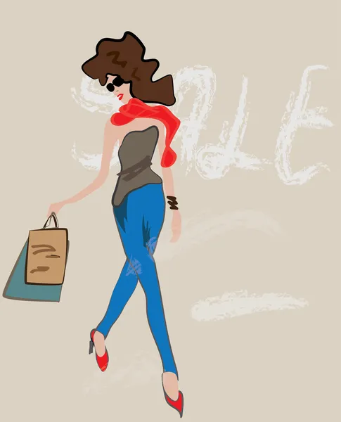 Mädchen beim Einkaufen mit Taschen. Verkauf — Stockvektor