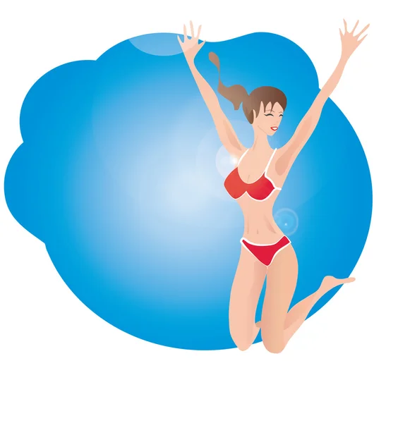 Perempuan dalam Bathing suit melompat dalam sukacita - Stok Vektor