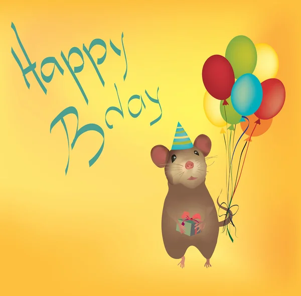 Χαρούμενα γενέθλια κάρτα με μπαλόνια και το ποντίκι κρατώντας το δώρο — Διανυσματικό Αρχείο