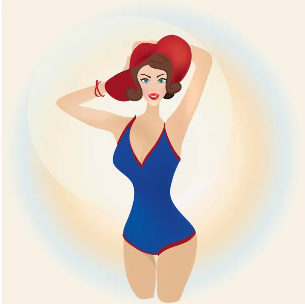 Жінка в купальнику з капелюхом влітку — стоковий вектор