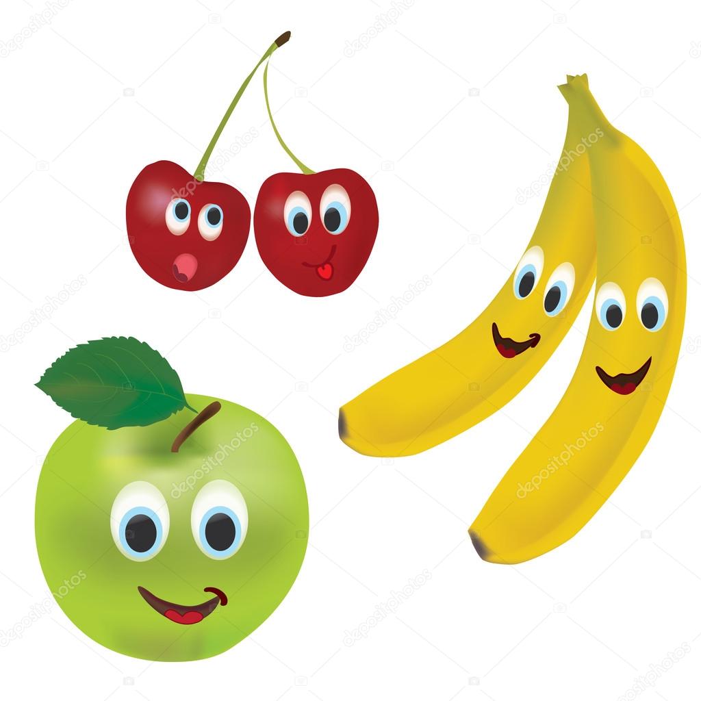 3D Set of Vector Fruits. Apple, Banana and Cherries with Facial Expressions