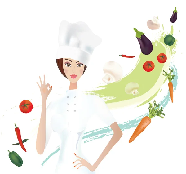 Chef mostrando Ok Gesto con Verduras — Vector de stock