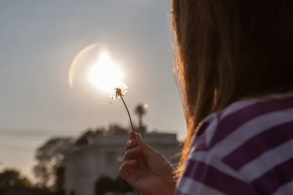 髪の長い女の子の手に太陽の背景にタンポポは 夏と幸福の象徴です — ストック写真