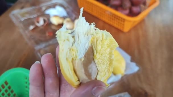 Tukang Kebun Memotong Durian Terbuka Daging Terbuka Dari Kuning Yang — Stok Video