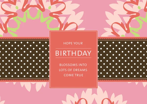 Geburtstagskarte mit Blumen und Schleife mit Punkten — Stockvektor