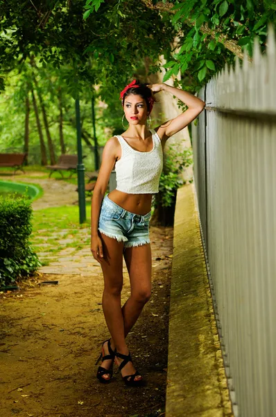Retrato de uma rapariga do pin-up. Estilo americano, em um jardim, vestindo jeans e camiseta — Fotografia de Stock