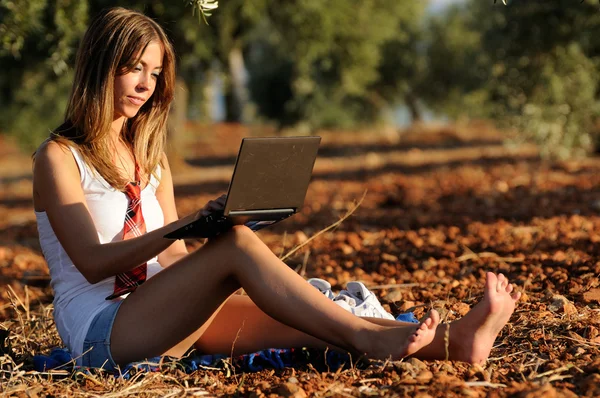 Ragazza con un computer portatile in un campo in autunno — Foto Stock