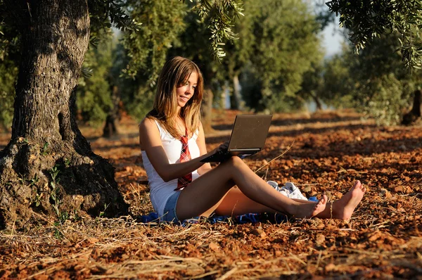 Ragazza con un computer portatile in un campo in autunno — Foto Stock