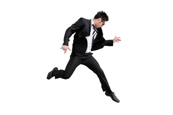 Young handsome businessman with eyeglasses jumping, isolated on — Stock Photo, Image