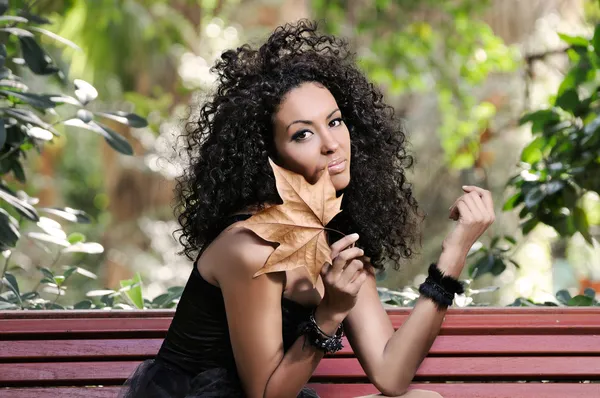 bir kuru yaprak ile parkta genç siyah kadın