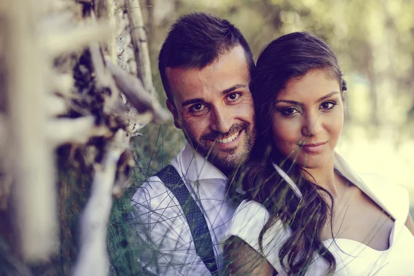 Just married couple in nature background — Stock Photo, Image