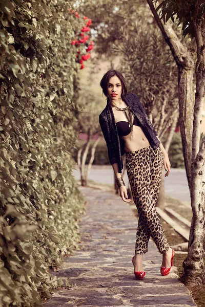 Bella donna, modella di moda, indossa pantaloni leopardati — Foto Stock