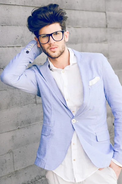 Cheerful trendy guy with black eyeglasses on — Stock Photo, Image