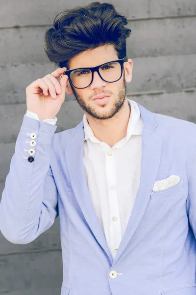 Cheerful trendy guy with black eyeglasses on — Stock Photo, Image